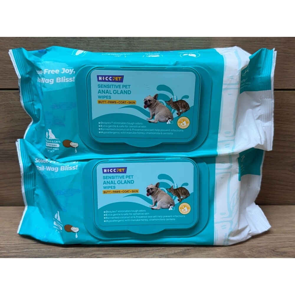 2-packs Sensitive Pet Anal Gland Wipes For Dogs & Cats, Coconut, 200 Wipes